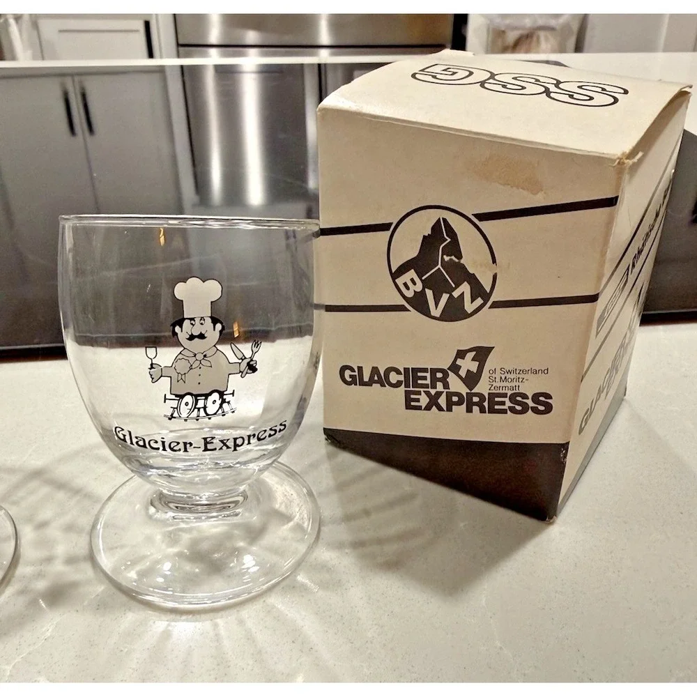 Glacier Express Swiss Train Slanted Wine Glass  Original Box‎ Set of 2 Vintage